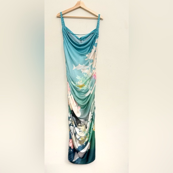 NWT Leo Lin Rachel Cowl Neck Silk Slip Dress Neptune Print in Sea Grass Size 12 - Picture 9 of 16